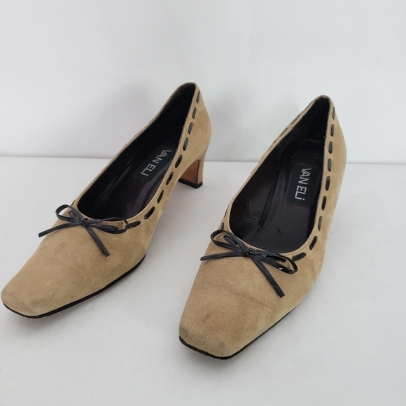 Vaneli tan suede square toe pump black lace wide heel - Picture 2 of 7